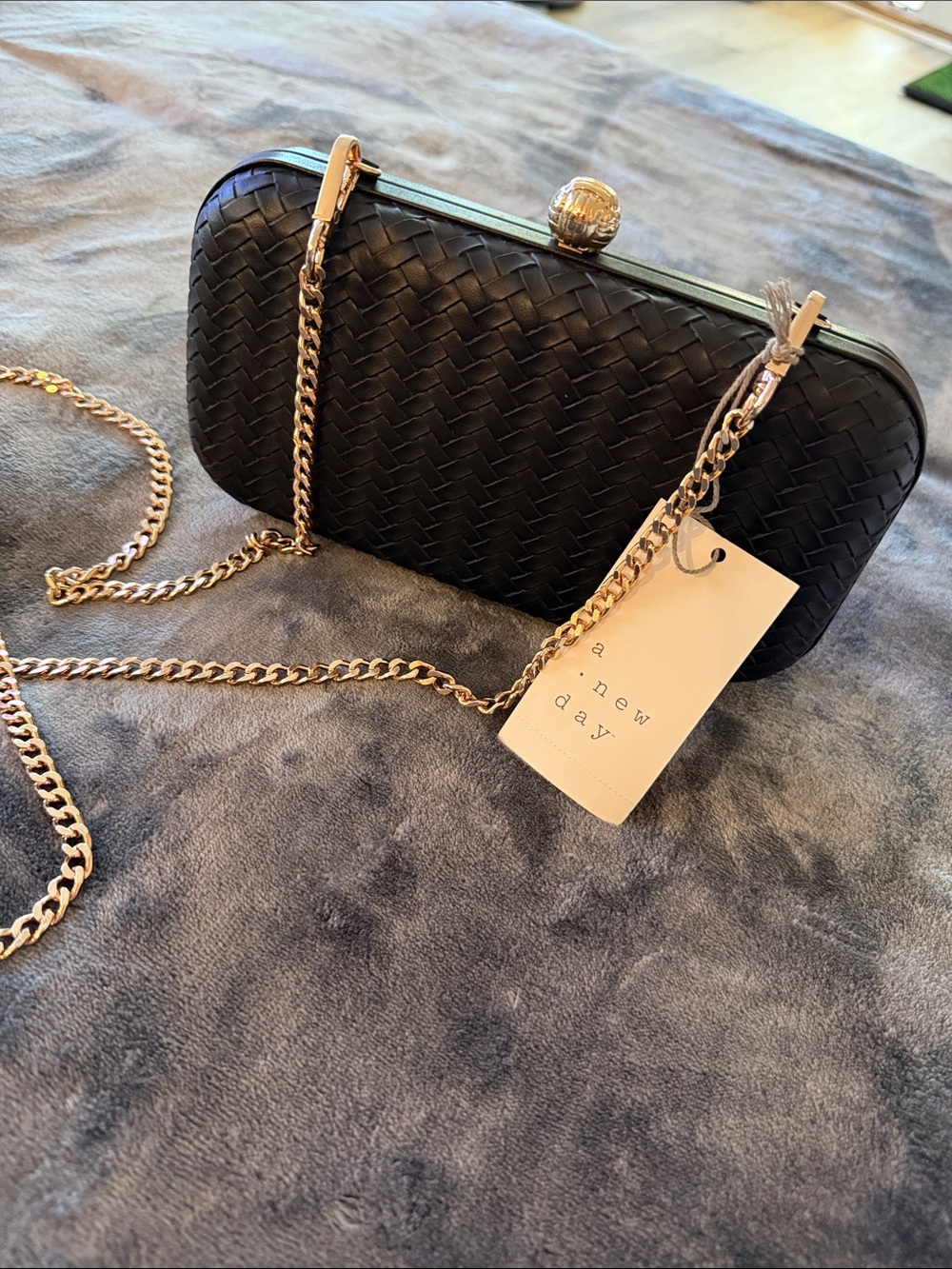 a new day Black Woven Clutch with Gold Chain
